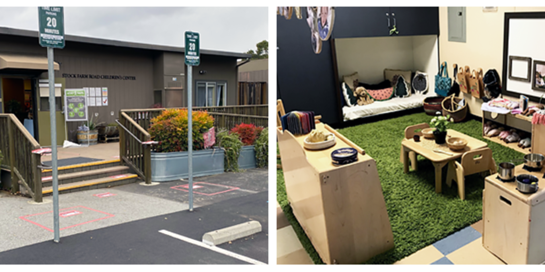 Two photos showing stock farm road children's center (outside of building and inside play room)